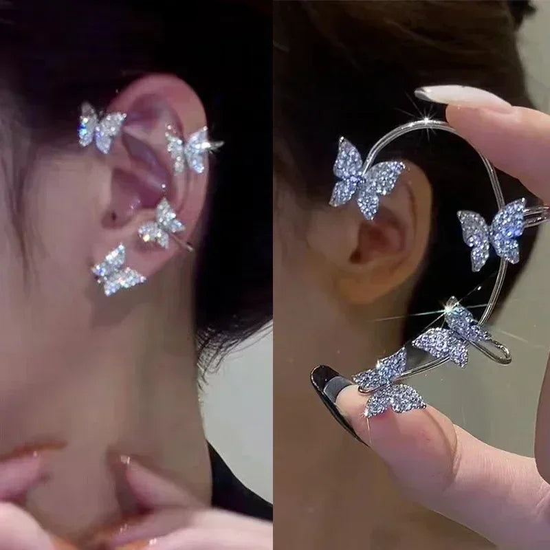 Clip Earrings Silver Color Metal Butterfly Ear Clip without Piercing for Women Sparkling Zircon Ear Cuff Wedding Fashion Jewelry